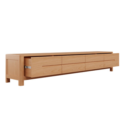 Declan 200cm American Oak Timber Entertainment Unit Natural, showcasing a sleek design with four drawers, smooth edges, and visible wood grain detailing, highlighting its robust, solid oak construction for large TVs.