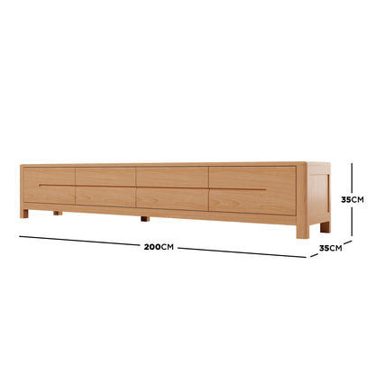 Declan 200cm American Oak Timber Entertainment Unit Natural, showcasing a sleek design with four spacious drawers and smooth edges, crafted from solid oak for durability, perfectly suited for large TVs and tidy storage.