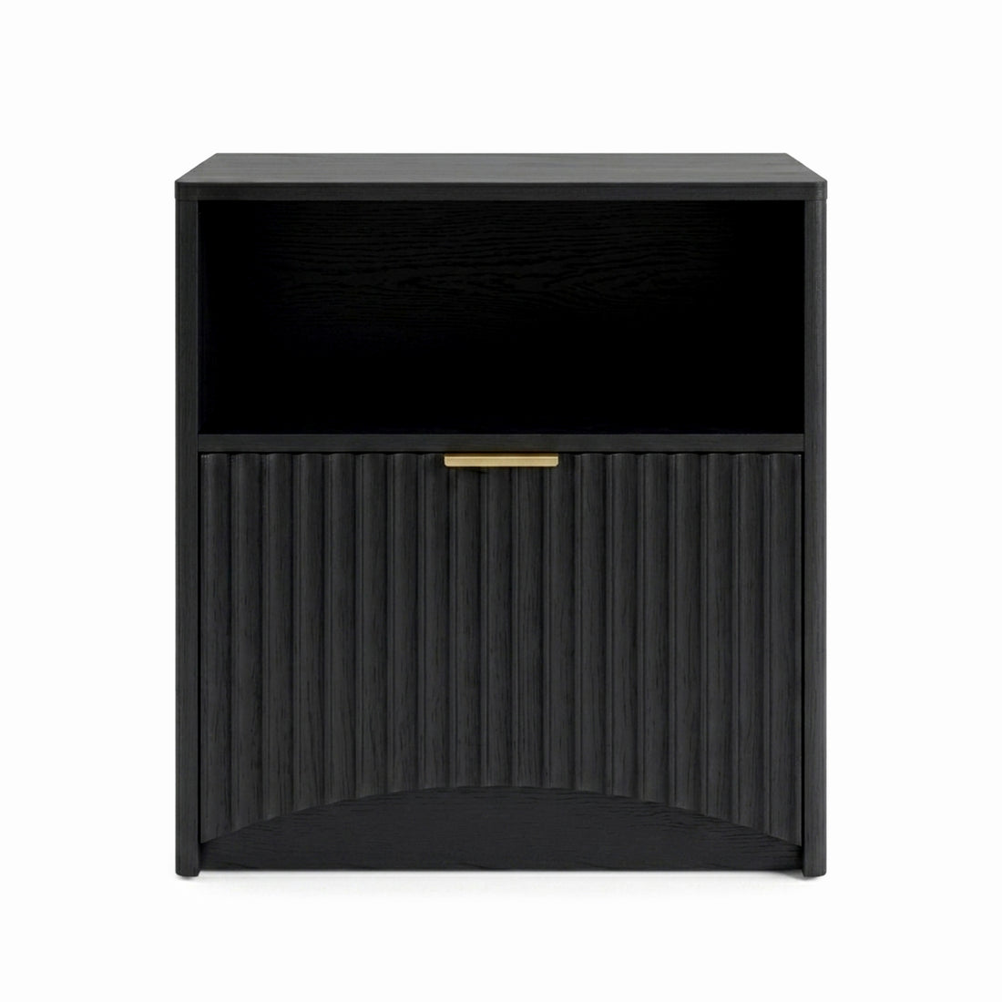 Centered black modern nightstand on a white background
