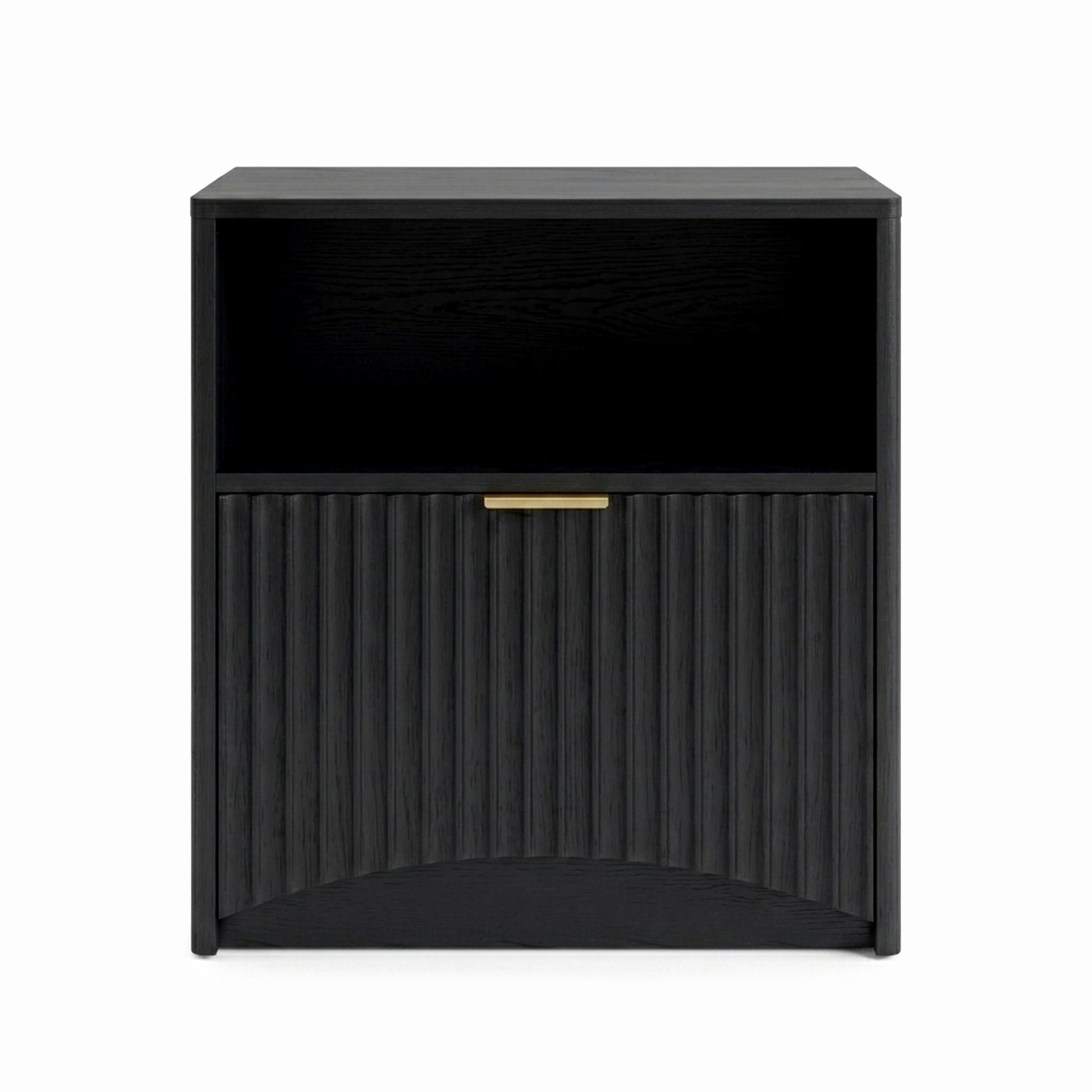 Centered black modern nightstand on a white background