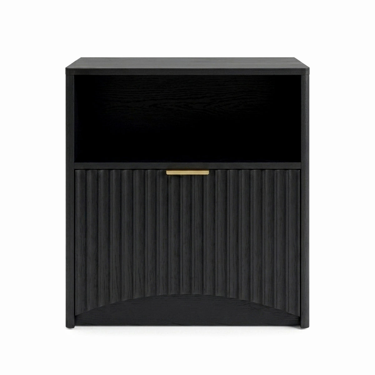 Centered black modern nightstand on a white background