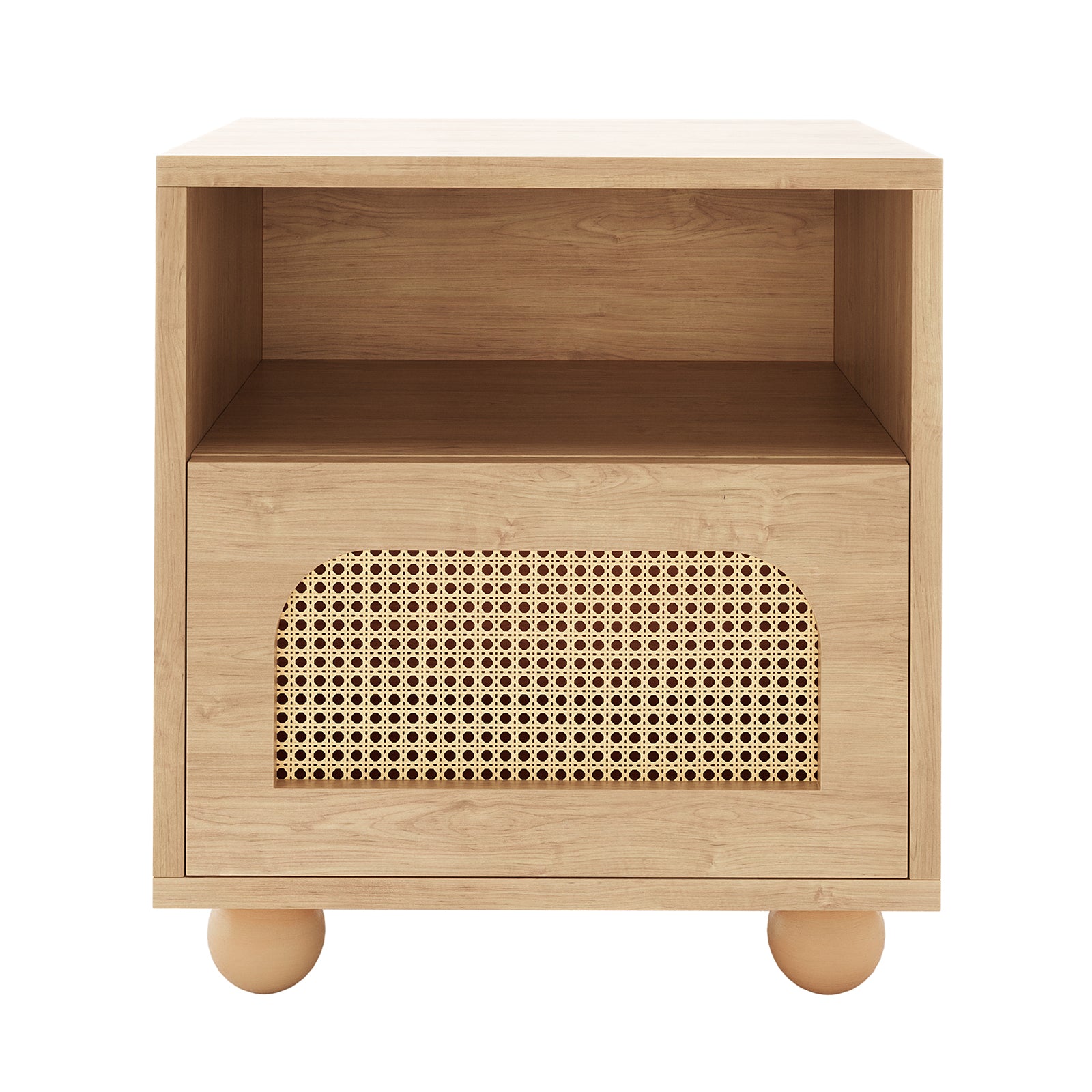 Dialga 45cm Rattan Bedside Table with Storage features a sleek wood surface, rattan drawer panel, and sturdy metal legs, showcasing modern elegance and functional design.
