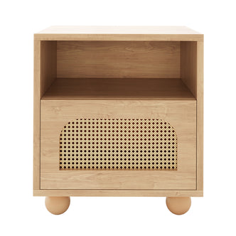 Dialga 45cm Rattan Bedside Table with Storage features a sleek wood surface, rattan drawer panel, and sturdy metal legs, showcasing modern elegance and functional design.