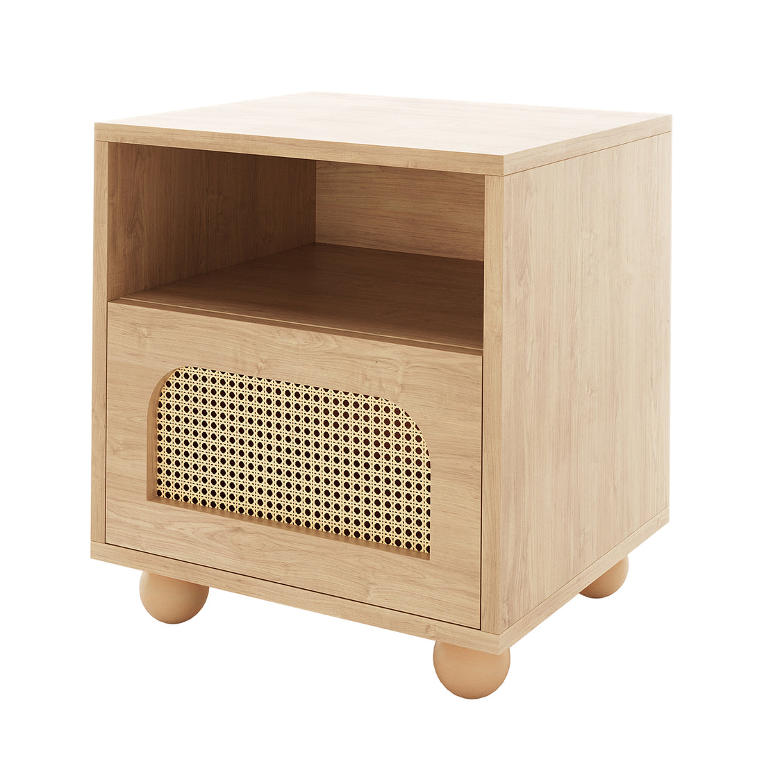 Dialga 45cm Rattan Bedside Table with Storage in Black, featuring a minimalist design with an open shelf, woven cane front panel, and round wooden feet for a modern bedroom touch.