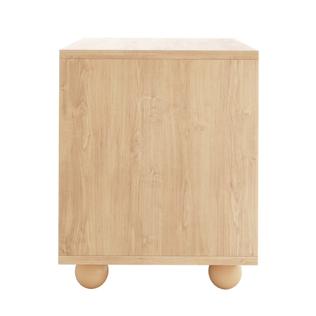 Dialga 45cm Rattan Bedside Table with Storage, featuring a cube shape with light oak finish, smooth front panel, and two round wooden feet.