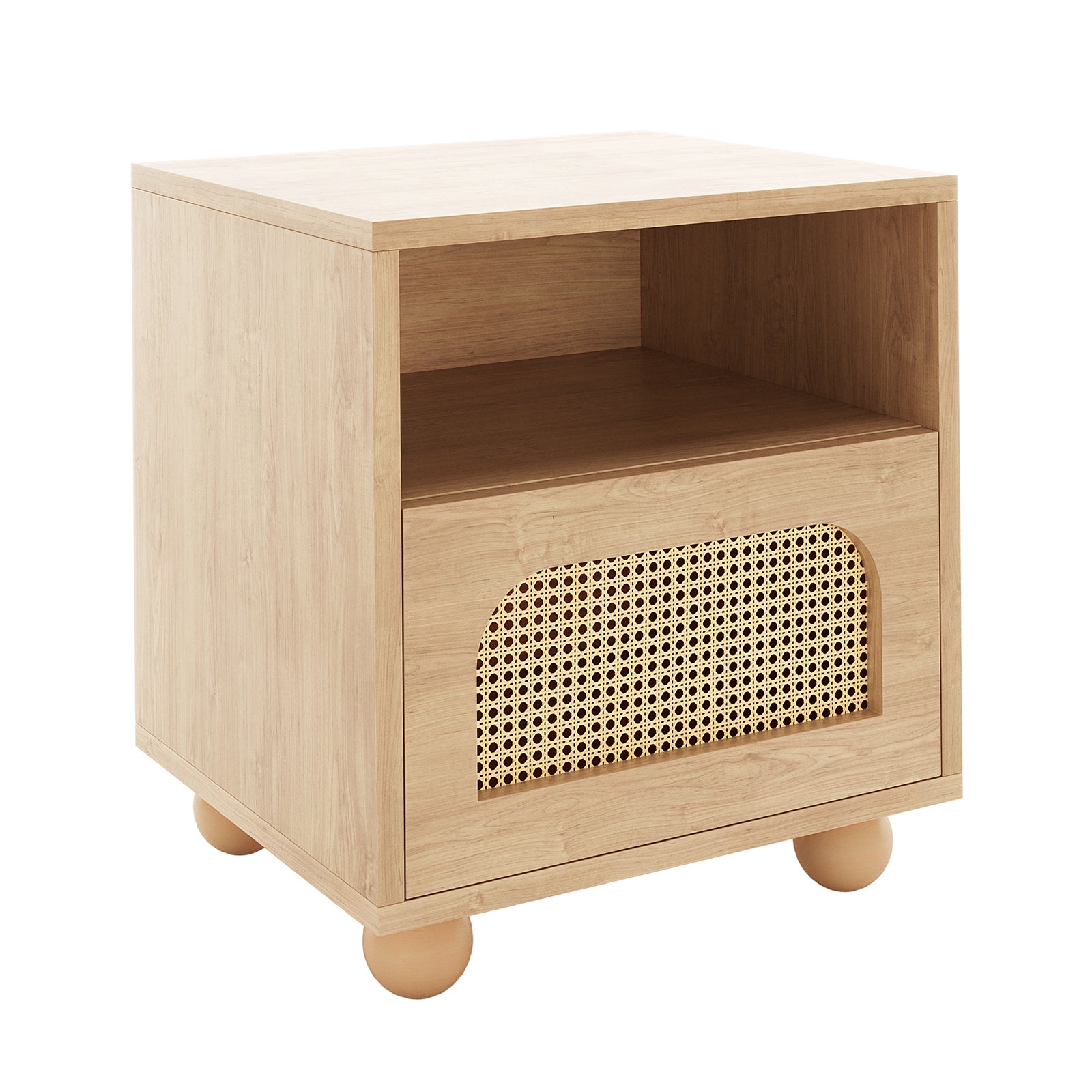 Dialga 45cm Rattan Bedside Table with Storage showcases a close-up view highlighting its rattan panel drawer and sturdy metal legs, embodying rustic elegance and modern design.