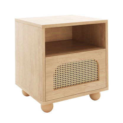 Dialga 45cm Rattan Bedside Table with Storage showcases a close-up view highlighting its rattan panel drawer and sturdy metal legs, embodying rustic elegance and modern design.