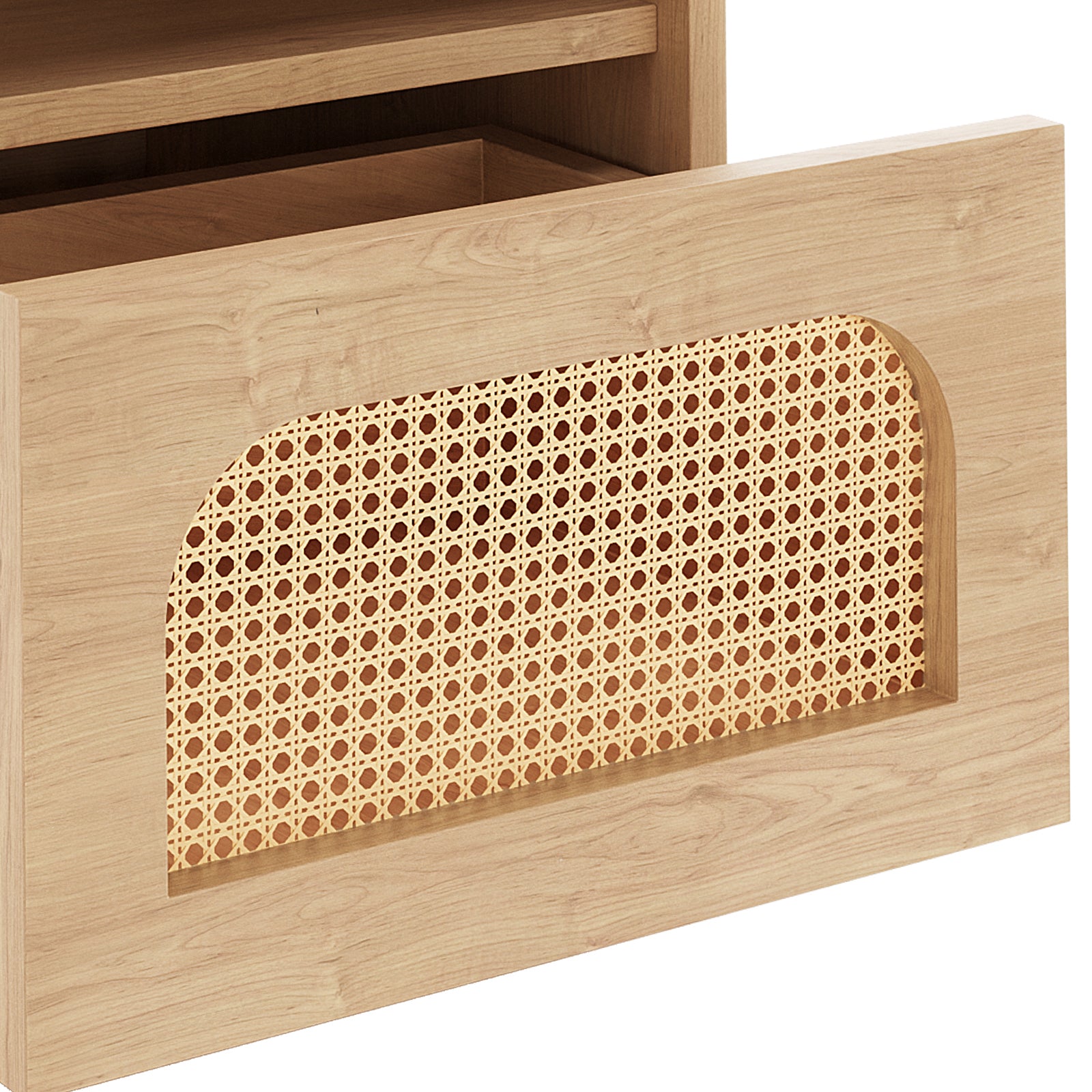 Dialga 45cm Rattan Bedside Table with Storage features a wooden cabinet with a wicker design, showcasing a rectangular shape and intricate pattern, highlighting its modern elegance and rustic charm.