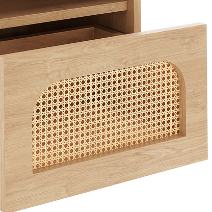 Dialga 45cm Rattan Bedside Table with Storage features a wooden cabinet with a wicker design, showcasing a rectangular shape and intricate pattern, highlighting its modern elegance and rustic charm.