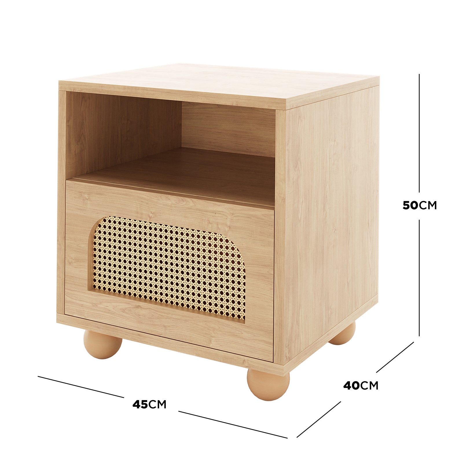 Dialga 45cm Rattan Bedside Table with Storage features a close-up of its woven rattan drawer panel and sturdy steel legs, emphasizing its rustic, elegant design and practical storage solution.