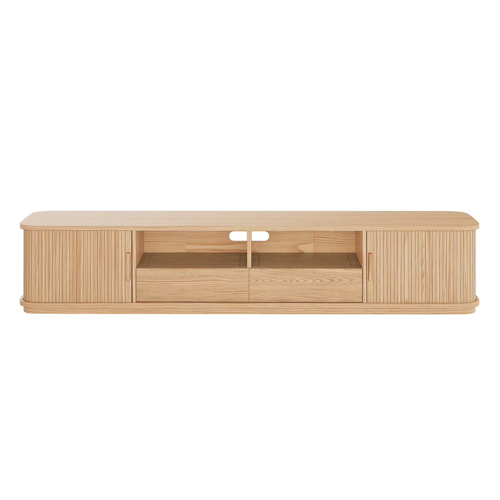 Eddie 200cm Hardwood Oak TV Entertainment Unit in Natural, showcasing a modern design with two central drawers, side compartments, and a flat top, ideal for organizing media components stylishly.