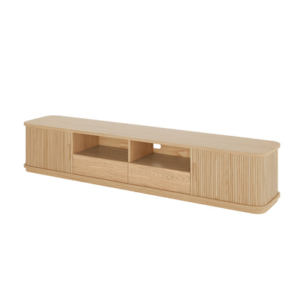Eddie 200cm Hardwood Oak TV Entertainment Unit in Natural with a light-oak finish features a rounded-corner top, tambour doors, open shelf, and storage drawers, blending style with functionality.