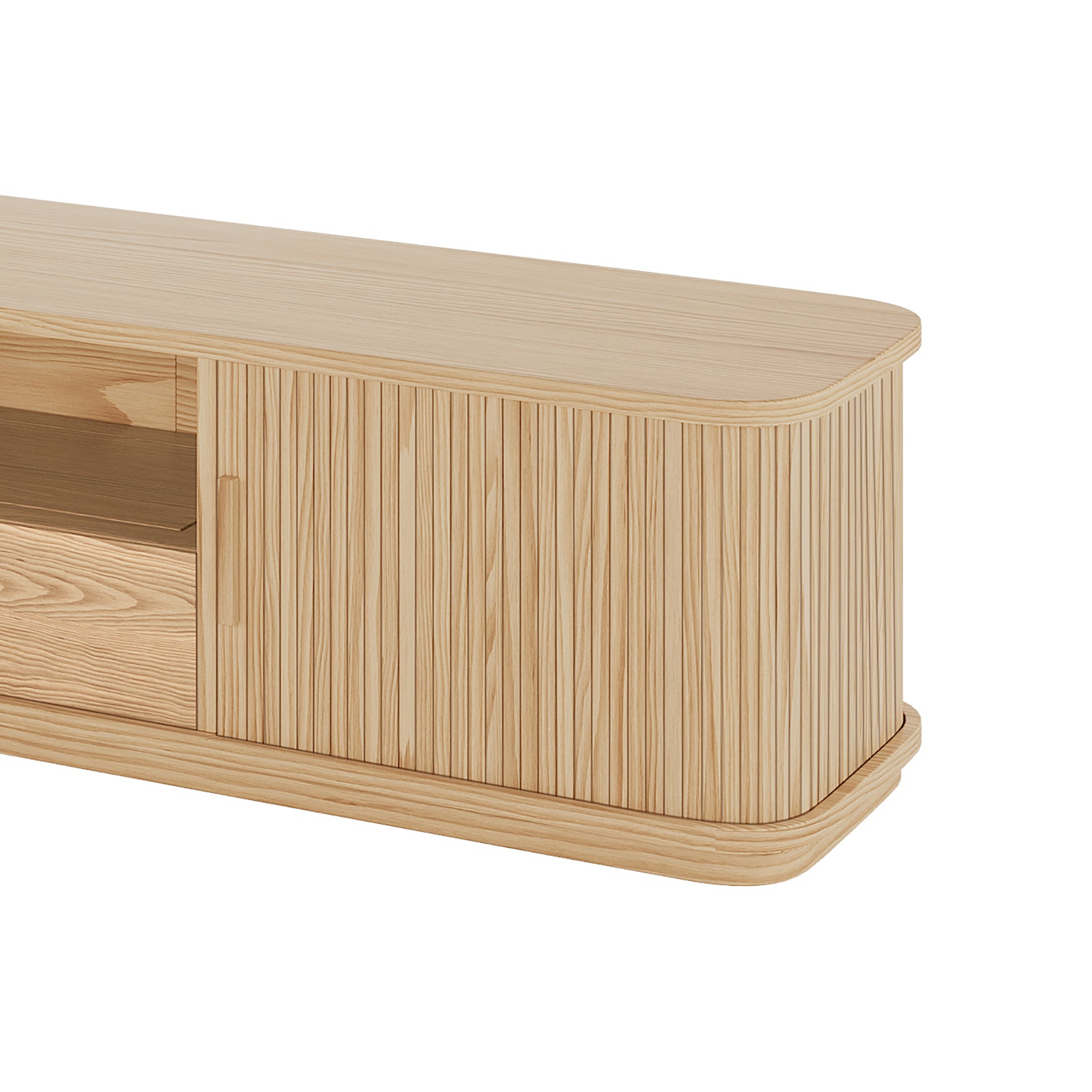 Eddie 200cm Hardwood Oak TV Entertainment Unit in Natural features a light-wood design with slatted sliding doors, rounded corners, and a recessed base, showcasing an interior shelf and pull-out drawer.