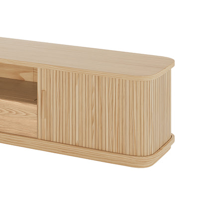 Eddie 200cm Hardwood Oak TV Entertainment Unit in Natural features a light-wood design with slatted sliding doors, rounded corners, and a recessed base, showcasing an interior shelf and pull-out drawer.