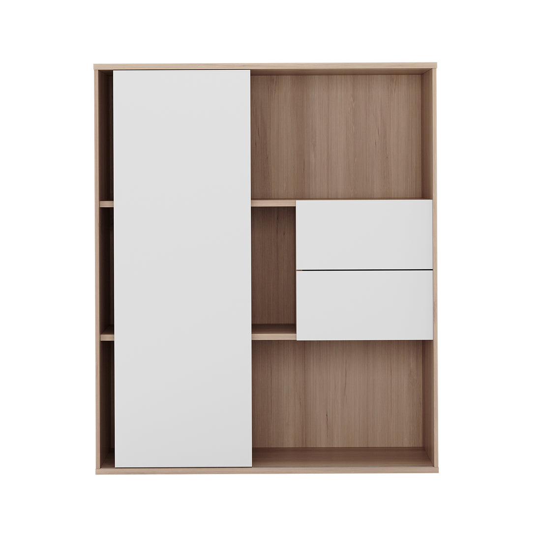 Eiresa Home Office Bookshelf with Door in Walnut White features a left sliding door, two right square doors, and open cubby shelves, offering versatile storage and display options.