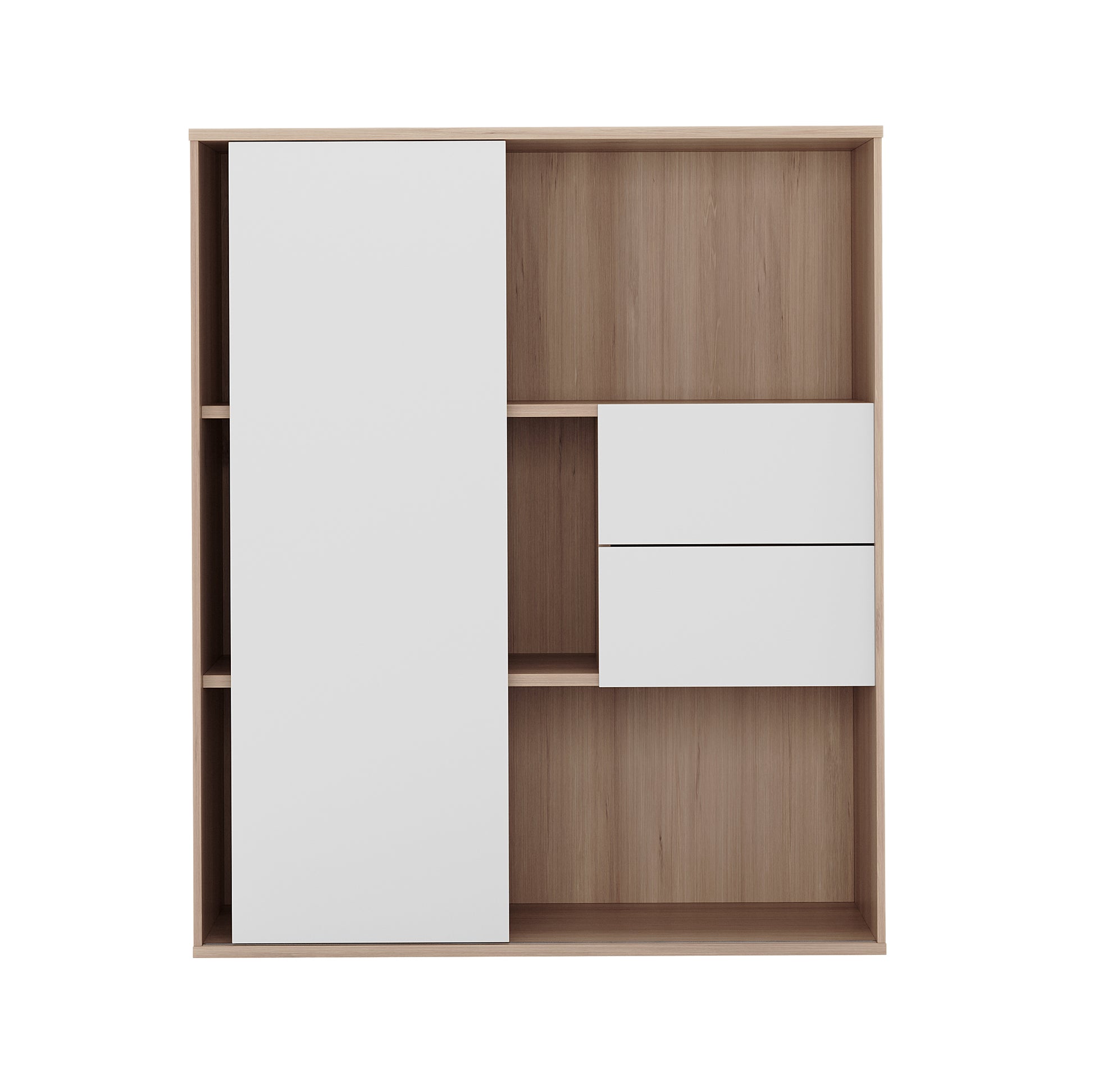Eiresa Home Office Bookshelf with Door in Walnut White features a left sliding door, two right square doors, and open cubby shelves, offering versatile storage and display options.