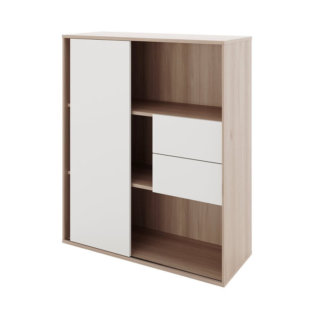 Eiresa Home Office Bookshelf with Door in Walnut White features a tall sliding door with shelves, two drawers, and open shelves for books. Perfect for organized, modern office storage.