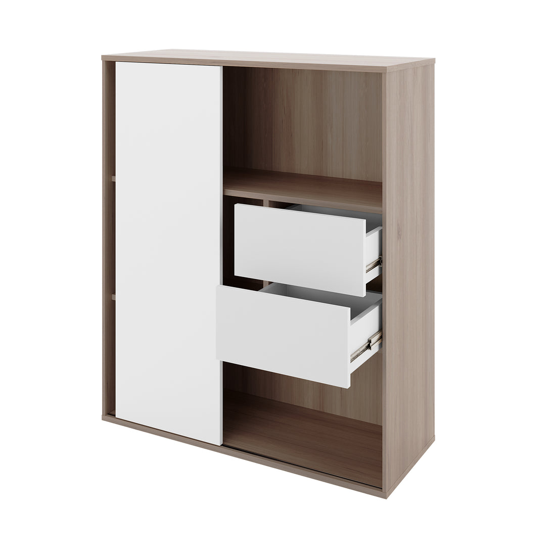 Eiresa Home Office Bookshelf with Door in Walnut White featuring a light wood frame, white sliding-door panel, two partially open drawers, and open shelving for versatile office storage.