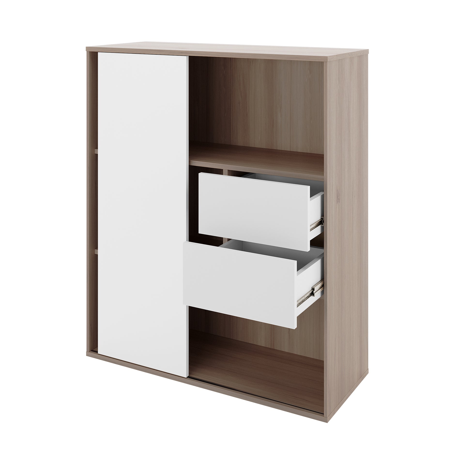 Eiresa Home Office Bookshelf with Door in Walnut White featuring a light wood frame, white sliding-door panel, two partially open drawers, and open shelving for versatile office storage.