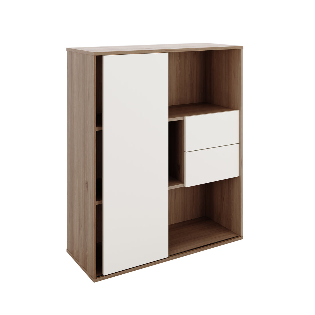 Eiresa Home Office Bookshelf with Door in Walnut White features open cubby shelves, a large sliding door, and two inset drawers, offering stylish storage for books and decor.