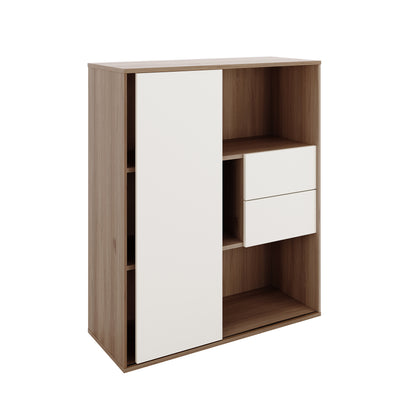 Eiresa Home Office Bookshelf with Door in Walnut White features open cubby shelves, a large sliding door, and two inset drawers, offering stylish storage for books and decor.