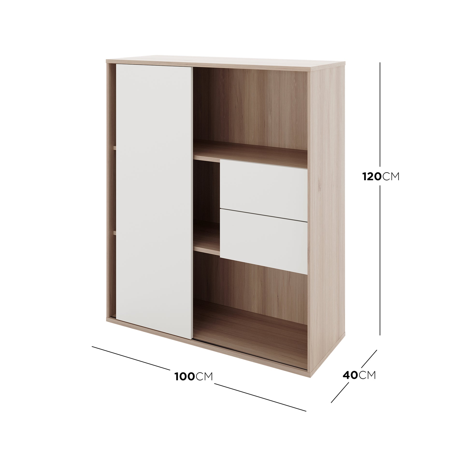 Eiresa Home Office Bookshelf with Door in Walnut White features a tall left sliding door, open cubbies, and two middle-right drawers, offering stylish storage for books and office essentials.