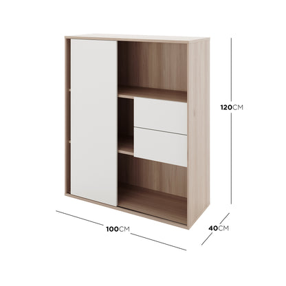 Eiresa Home Office Bookshelf with Door in Walnut White features a tall left sliding door, open cubbies, and two middle-right drawers, offering stylish storage for books and office essentials.