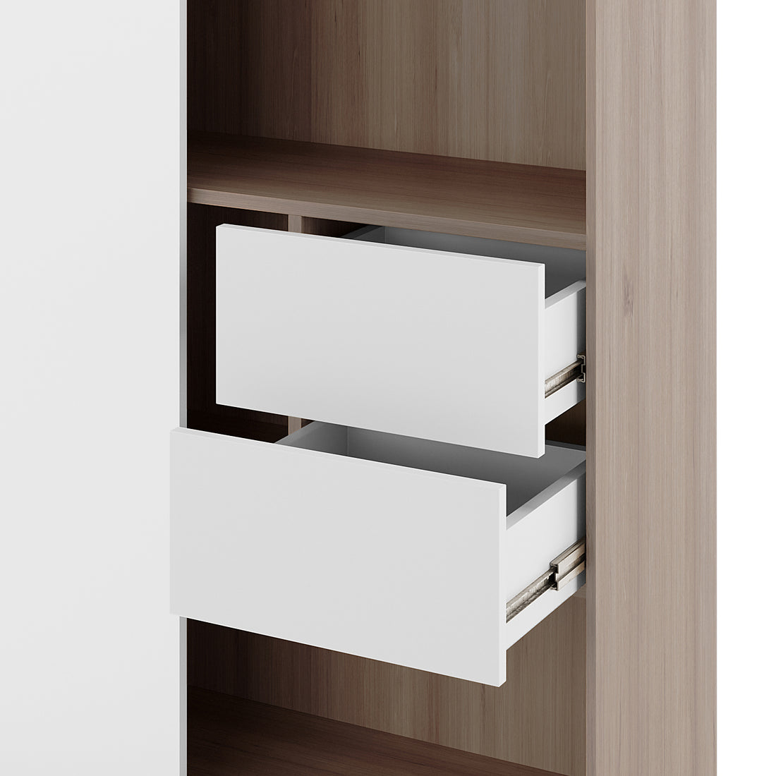 Eiresa Home Office Bookshelf with Door in Walnut White features an interior view of its wood-grain cabinet unit, showcasing two handle-less drawers on metal slide rails, highlighting its sleek and modern design.