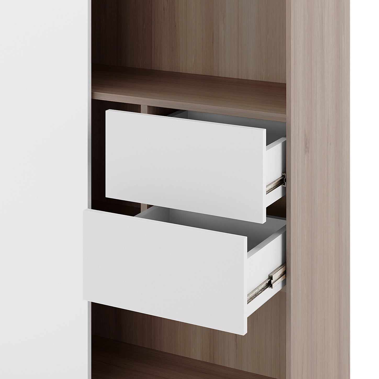 Eiresa Home Office Bookshelf with Door in Walnut White features an interior view of its wood-grain cabinet unit, showcasing two handle-less drawers on metal slide rails, highlighting its sleek and modern design.