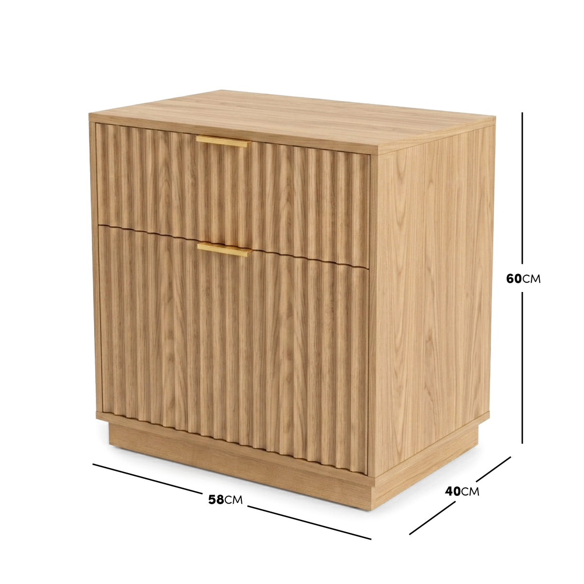 Wooden two-drawer bedside table on white background with dimensions shown