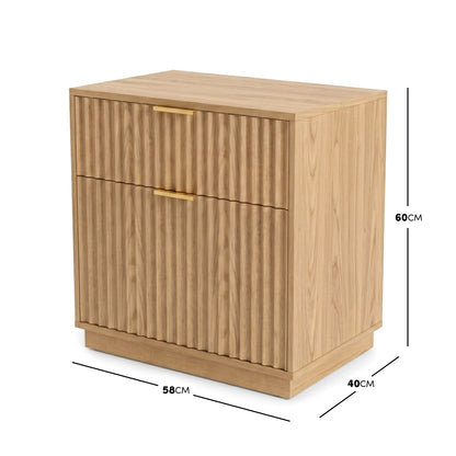 Wooden two-drawer bedside table on white background with dimensions shown
