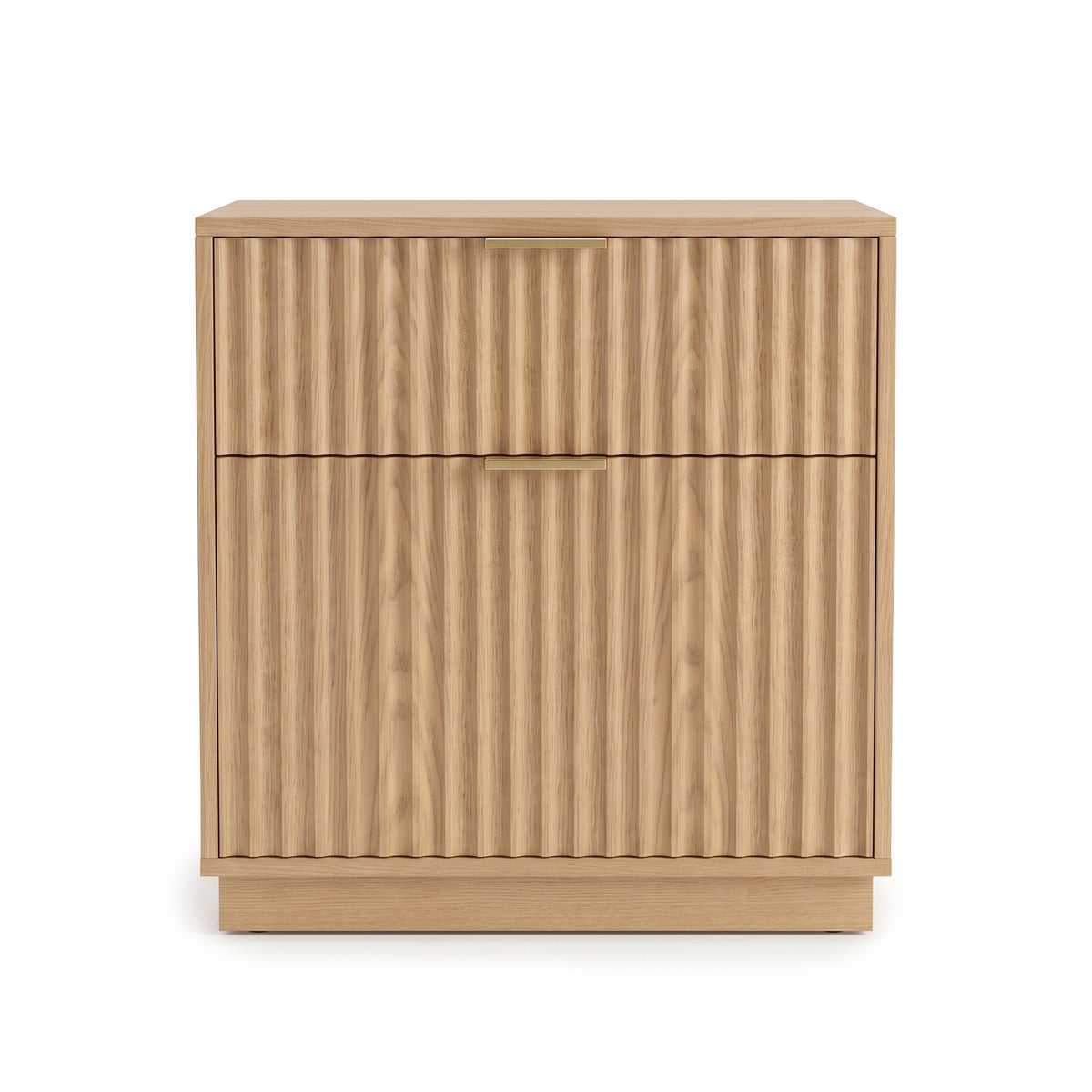 Wooden storage cabinet with ribbed fronts and minimal metal handles on a white background