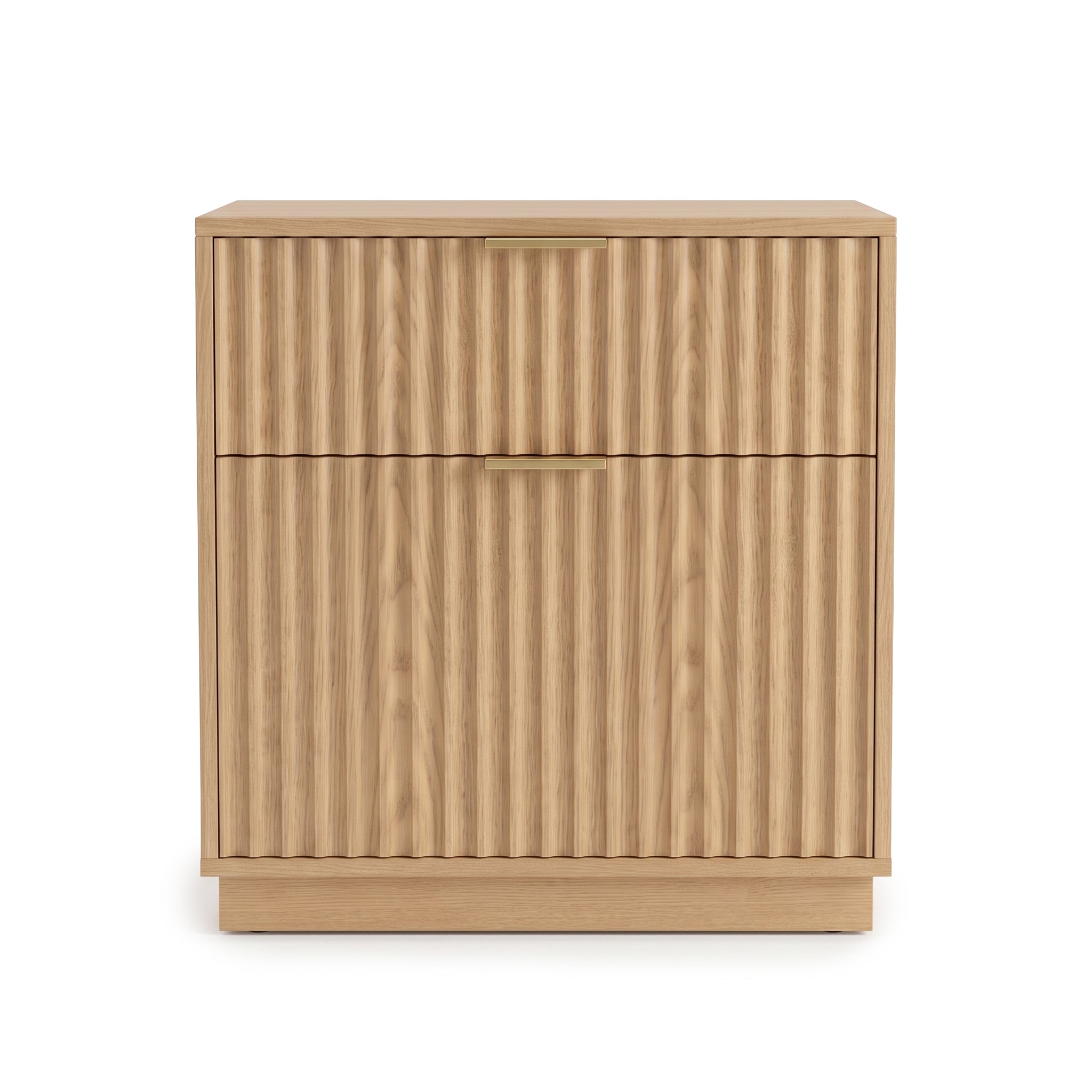 Wooden storage cabinet with ribbed fronts and minimal metal handles on a white background