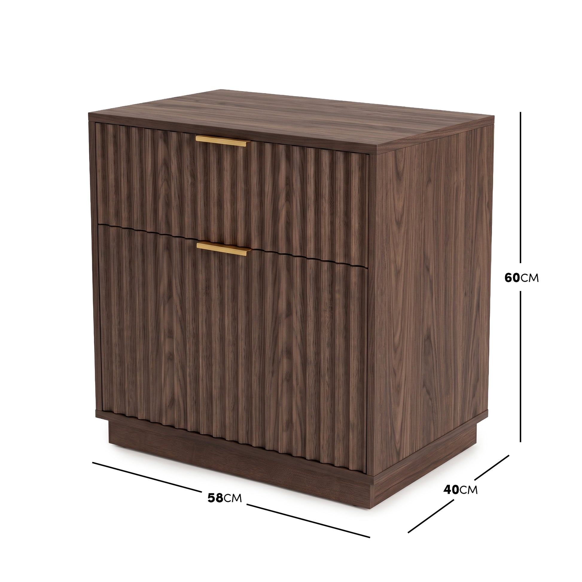 Modern walnut cabinet with dimensions shown on a white background