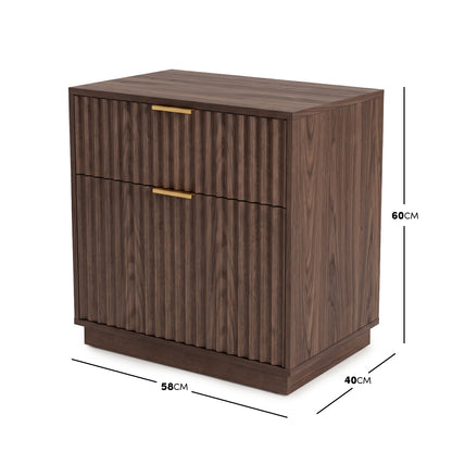 Modern walnut cabinet with dimensions shown on a white background