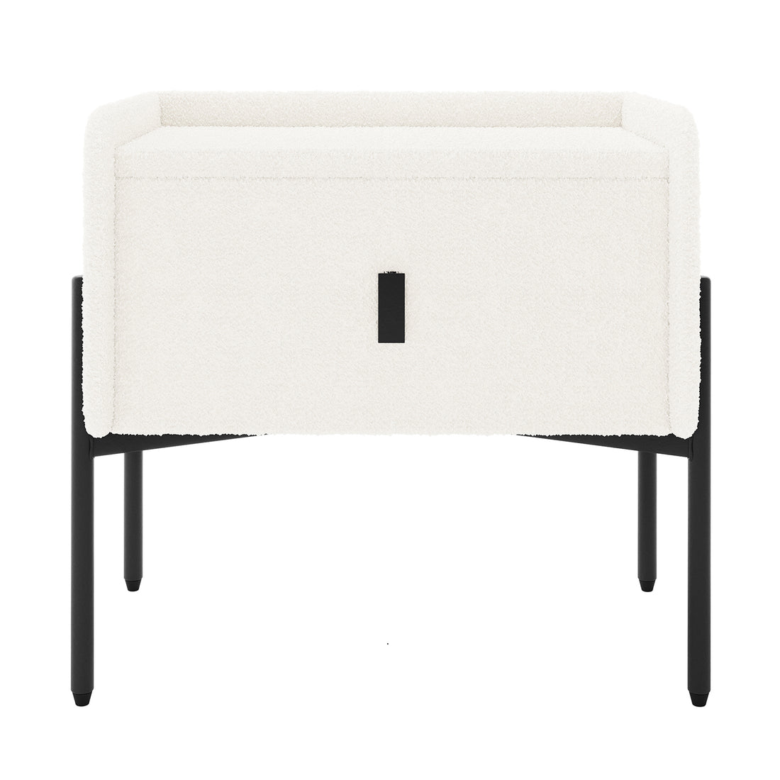 Eliz Boucle Fabric Bedside Table in Cream White, featuring a cuboid shape with boucle upholstery, a centered drawer with black pull, and sleek black metal legs, embodying contemporary elegance.