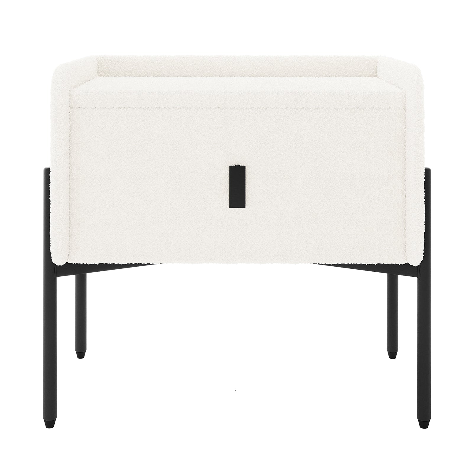 Eliz Boucle Fabric Bedside Table in Cream White, featuring a cuboid shape with boucle upholstery, a centered drawer with black pull, and sleek black metal legs, embodying contemporary elegance.
