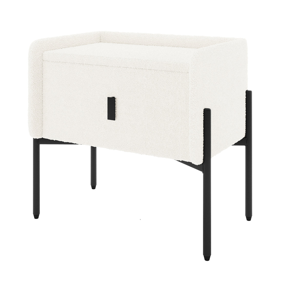 Eliz Boucle Fabric Bedside Table in Cream White featuring a white boucle-upholstered cabinet with a central rectangular pull, set on slim black metal legs, combining elegance and modern functionality.