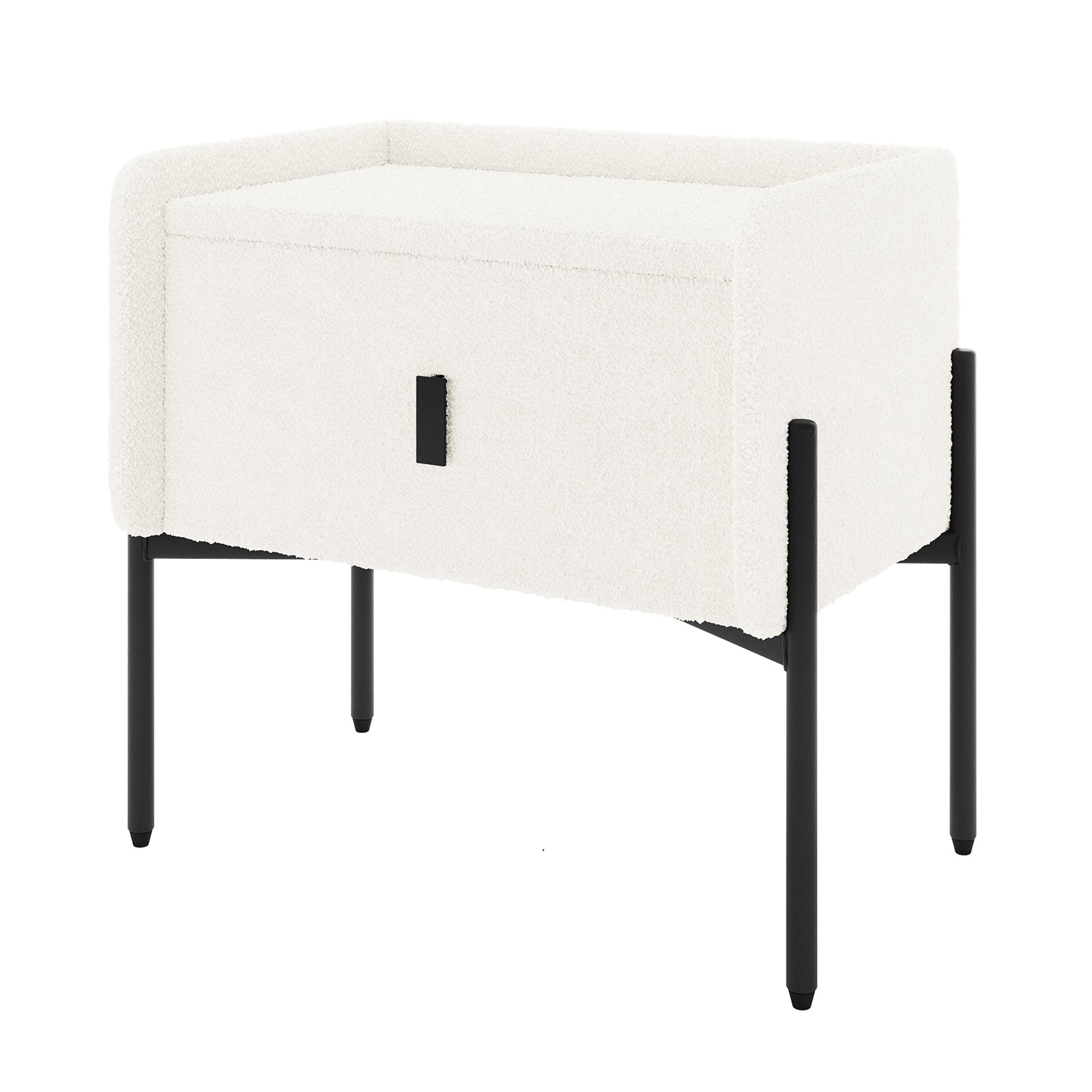 Eliz Boucle Fabric Bedside Table in Cream White featuring a white boucle-upholstered cabinet with a central rectangular pull, set on slim black metal legs, combining elegance and modern functionality.