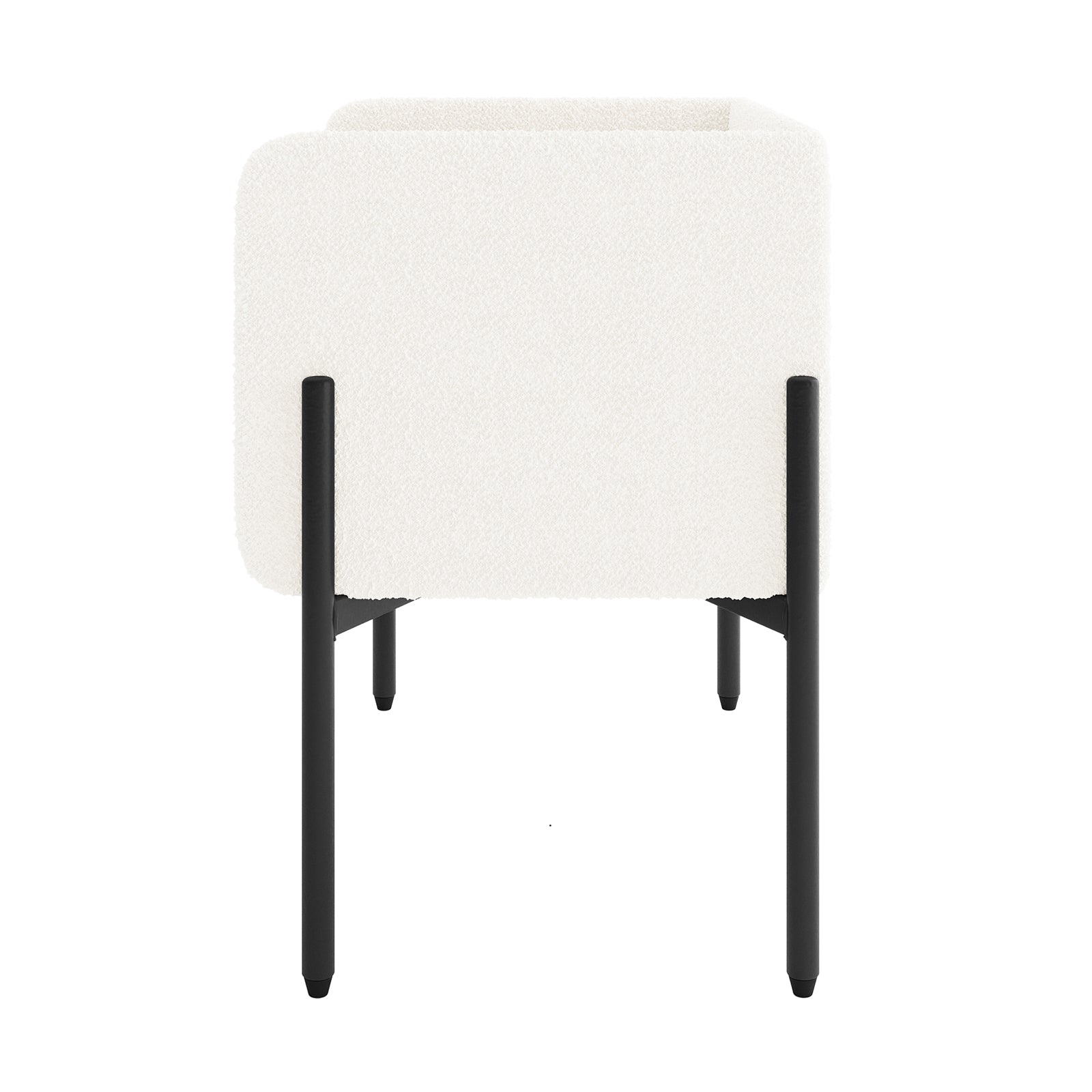 The image showcases the Eliz Boucle Fabric Bedside Table in Cream White, featuring a minimalist design with a rectangular white planter in a black metal stand, emphasizing modern elegance and functionality.