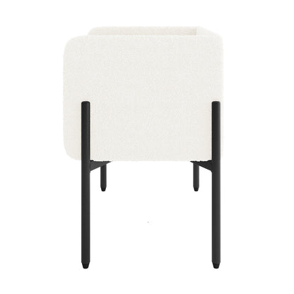 The image showcases the Eliz Boucle Fabric Bedside Table in Cream White, featuring a minimalist design with a rectangular white planter in a black metal stand, emphasizing modern elegance and functionality.