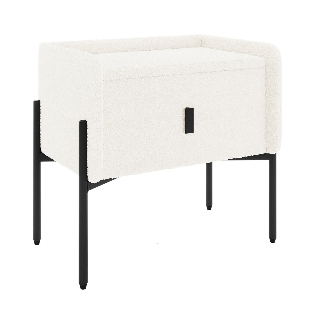 Eliz Boucle Fabric Bedside Table in Cream White features a minimalist rectangular design with boucle upholstery, a single drawer, and slim black metal legs, perfect for modern bedroom aesthetics.