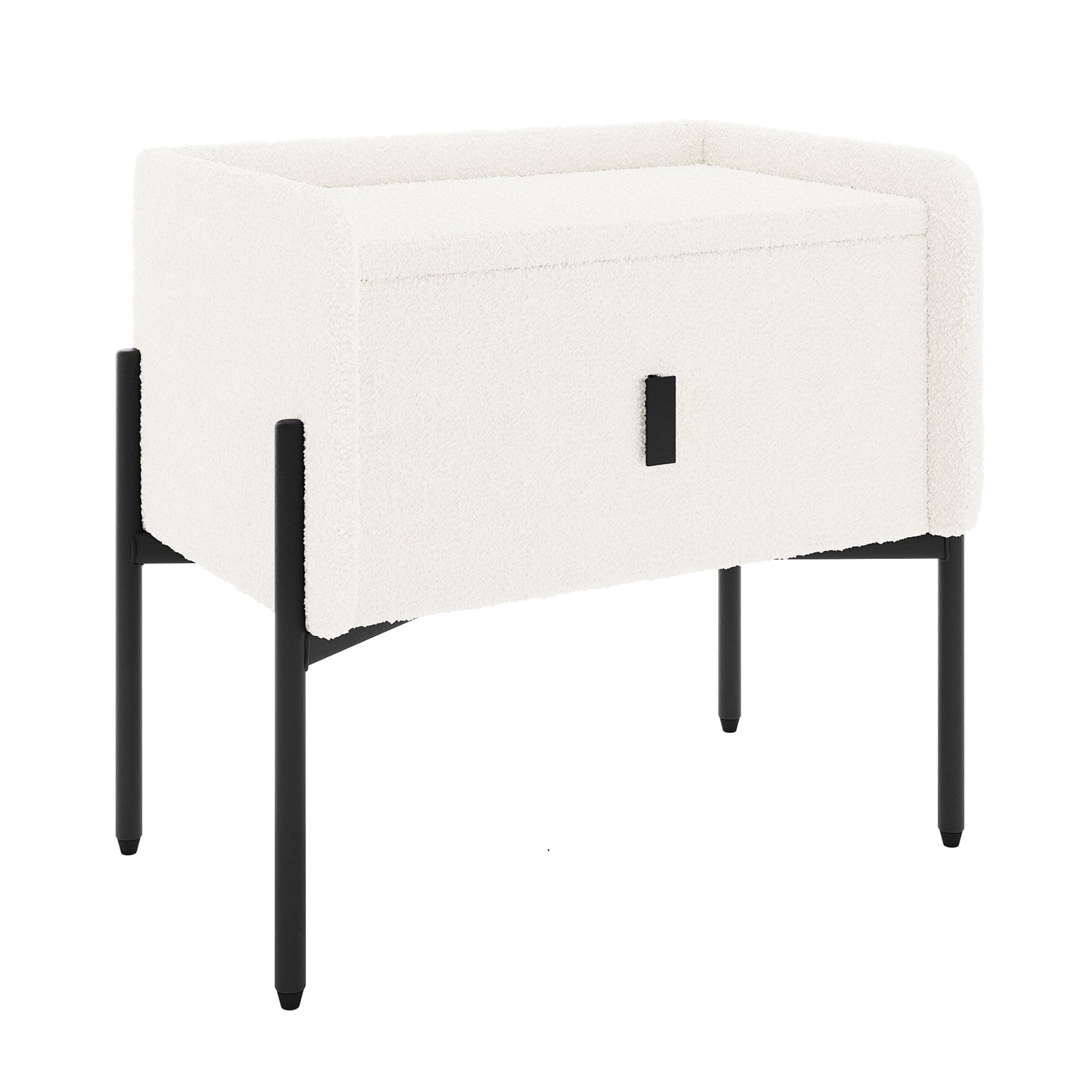 Eliz Boucle Fabric Bedside Table in Cream White features a minimalist rectangular design with boucle upholstery, a single drawer, and slim black metal legs, perfect for modern bedroom aesthetics.
