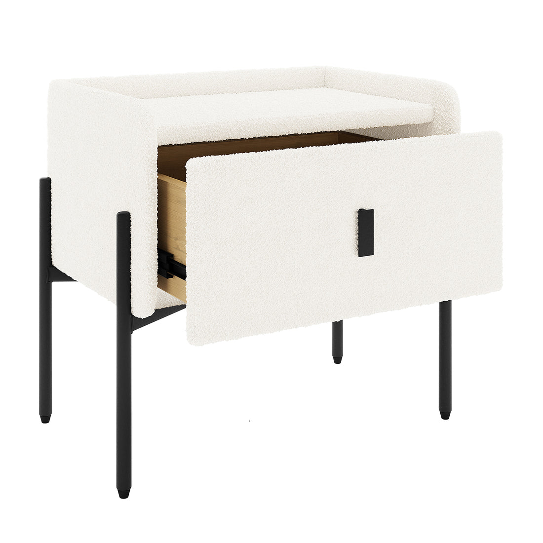 Eliz Boucle Fabric Bedside Table in Cream White, showcasing a white bouclé-style upholstered drawer on black metal legs. The drawer is partly open, highlighting its modern and elegant design.