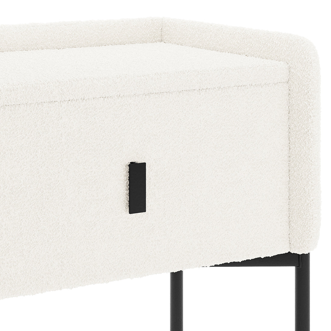 Eliz Boucle Fabric Bedside Table in Cream White features textured upholstery, a sleek black drawer pull, and slender black metal legs, combining elegance with functionality for a modern bedroom aesthetic.