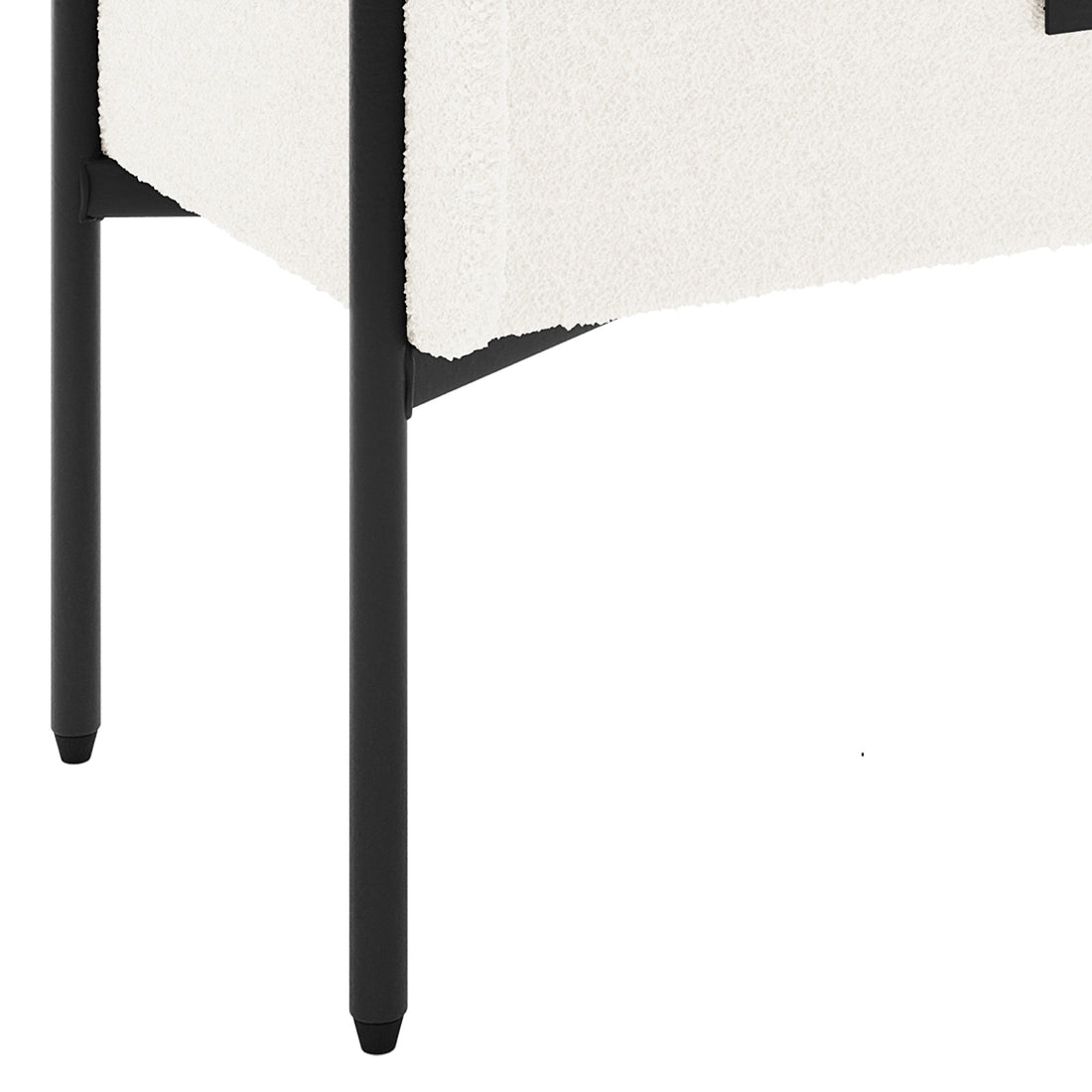 Eliz Boucle Fabric Bedside Table in Cream White with a textured box design, featuring sleek matte-black metal legs and plastic footcaps, showcasing a modern and elegant look.