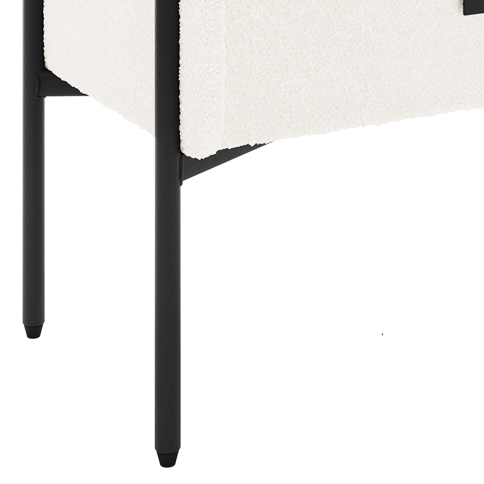 Eliz Boucle Fabric Bedside Table in Cream White with a textured box design, featuring sleek matte-black metal legs and plastic footcaps, showcasing a modern and elegant look.