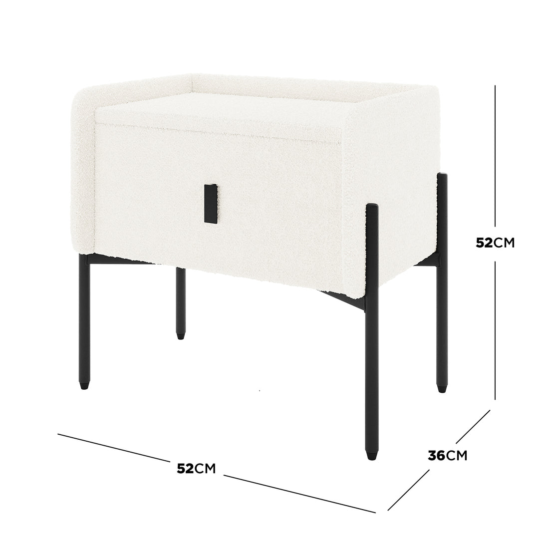 Eliz Boucle Fabric Bedside Table in Cream White, featuring a white boucle-upholstered storage box on black metal legs. Dimensions: Width 52 cm, Depth 36 cm, Height 52 cm.