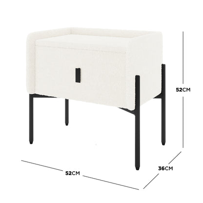 Eliz Boucle Fabric Bedside Table in Cream White, featuring a white boucle-upholstered storage box on black metal legs. Dimensions: Width 52 cm, Depth 36 cm, Height 52 cm.