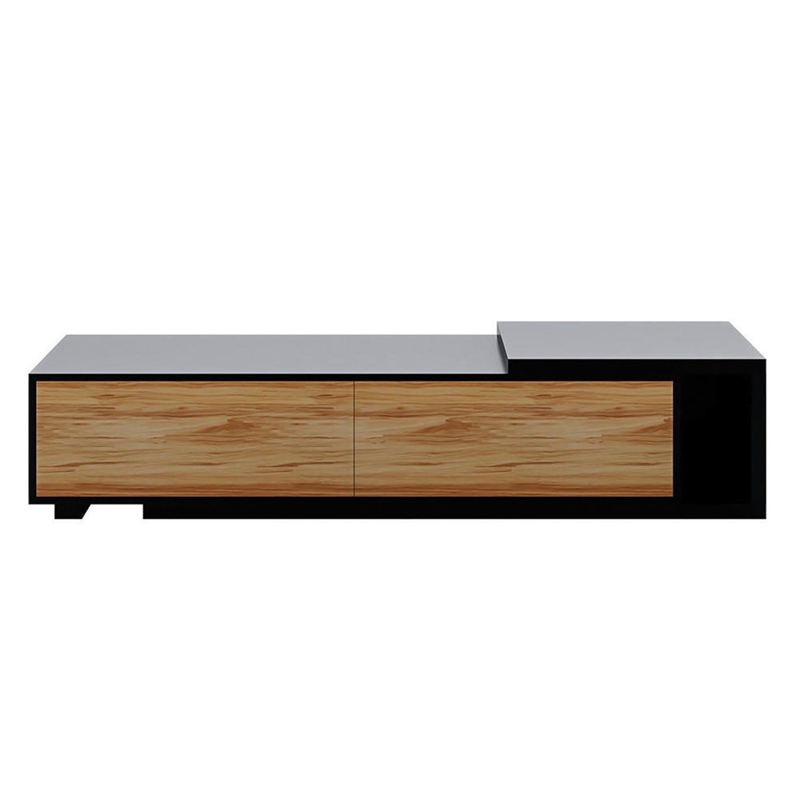 Eloise Black Entertainment Unit with Shelves features a sleek design, sturdy engineered timber construction, expandable length, and push-to-open compartments, perfect for modern entertainment spaces.
